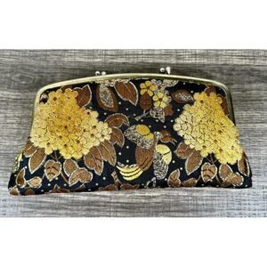 Vintage Rau Klikit Cowhide Clutch Wallet Brocade Bird Floral Kiss Lock Cocktail